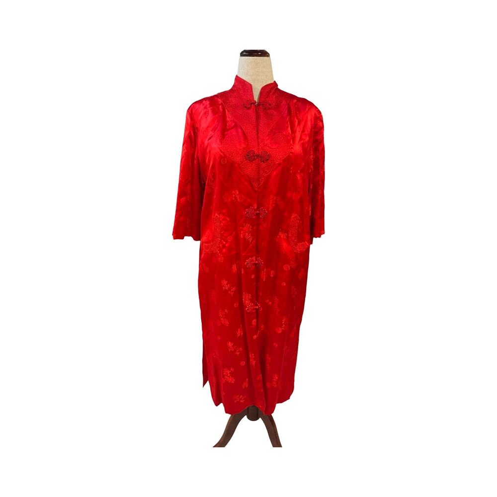 Vintage 1970s Peony Brand Red Asian Brocade Satin Dressing Gown‎ Maxi Robe